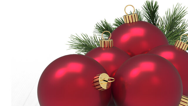 close-up luminous red christmas balls isolated on white with some pine twigs - copy space - 3d illustration rendering