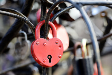 Fototapeta na wymiar Padlocks in heart shape. Locks hanging in a park, symbol of eternal love