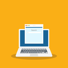 Laptop computer, browser window and ranking sites in search results of web search engine. Search engine. Vector illustration