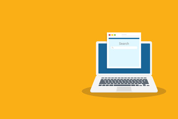 Laptop computer, browser window and ranking sites in search results of web search engine. Search engine. Vector illustration