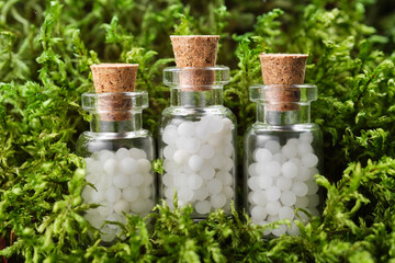 Three bottles of homeopathy globules on green moss. Bottles of homeopathic granules. Homeopathy medicine concept. - obrazy, fototapety, plakaty