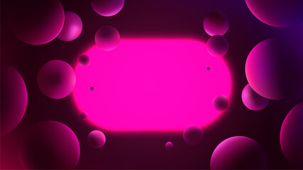Futuristic vector gradient poster with glowing pink capsule on dark background, neon lighting with reflex on spheres, abstract illustration with geometric shapes