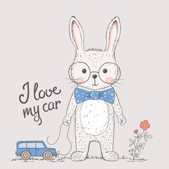 Cute rabbit boy with toy car, bow tie, glasses