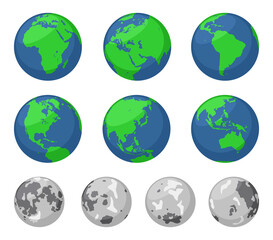 Illustrations of the Earth and the Moon from different angles.