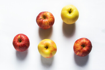 Healthy food concept - fresh fruits and apples and weight loss on a white background. Calorie counting, top view, banner, website, flat lay, isolated.
