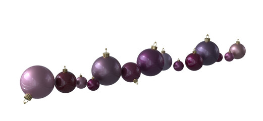 delicious uprising row of glossy reflecting pink pastel purple fuchsia christmas baubles balls isolated on white no shadow banner copy space - 3d rendering illustration