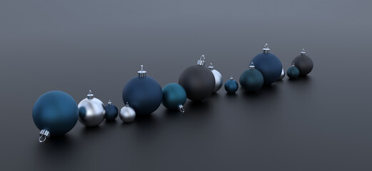 elegant uprising row of stylish dark matte blue petrol and turquoise christmas baubles balls banner copy space - 3d rendering illustration