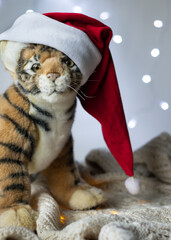 The symbol of 2022 on the Chinese calendar is Tiger. Toy soft plush tiger in a red Santa Claus hat on a glowing background from Christmas garlands.