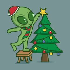 cute cartoon aliens put stars on christmas. vector illustration for mascot logo or sticker