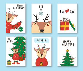 Christmas and New Year gift tags and cards 2022 with cute deer and christmas tree. . Hand drawn doodle design elements and calligraphy. Handwritten modern lettering. EPS