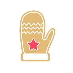 Christmas gingerbread in the form of Mitten. Sweet baking with white and red glaze. Holidays. Isolated vector stock illustration EPS 10 on white background.