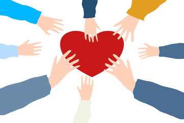 Concept of charity and donation. Give and share your love with people. Several people hold big heart symbols in their hands. Flat design, vector