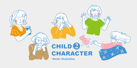Children action, drinking water, holding a magnifying glass in hand, happy laughing, sleeping, vector character illustration set