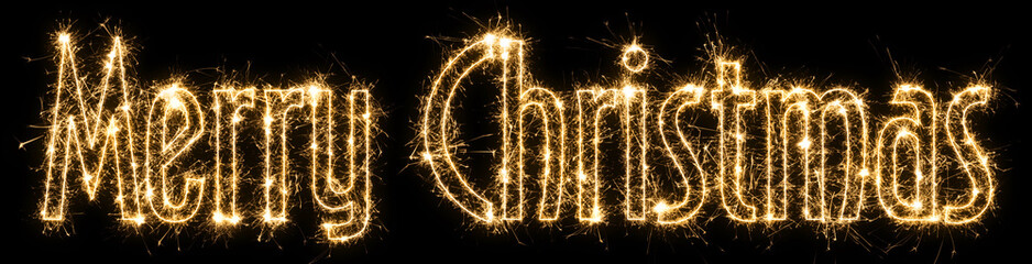 English text Merry Christmas written sparkling sparklers . Hand lettering isolated on black background. Beautiful glowing overlay template for holiday greeting card , banner , decoration site .