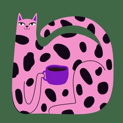 Vektorillustration mit einer riesigen rosa Katze, die Kaffee aus einer lila Tasse trinkt. Lustiges Druckdesign mit Heißgetränk und Haustier