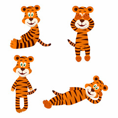 Set of chinese tiger. Cute cartoon tigers in different poses. Flat vector illustration isolated on white background.