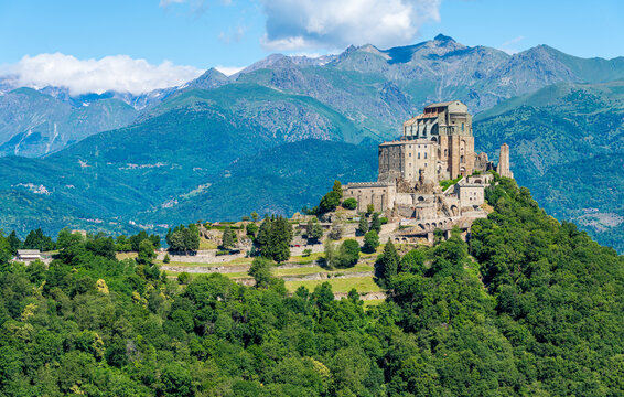 Scenic sight of the Sacra di San Michele (Saint Michael's Abbey). Province of Turin, Piedmont, Italy.