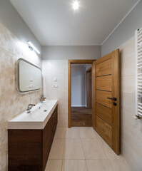 Modern interior of bathroom. White sink. Wooden door with tile floor.