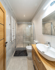 Modern interior of bathroom in luxury apartment. White sink.