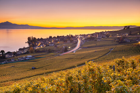 Fin journ&eacute;e  sur le village de Cully et le lac L&eacute;man en Suisse