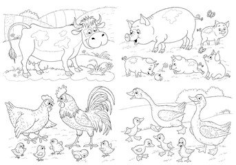 At the farm. Set of cute farm animals. Coloring book. Coloring page. Illustration for children. Cute and funny cartoon characters