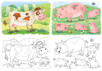 At the farm. Set of cute farm animals. Coloring book. Coloring page. Illustration for children. Cute and funny cartoon characters