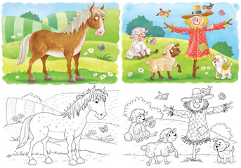 At the farm. Set of cute farm animals. Coloring book. Coloring page. Illustration for children. Cute and funny cartoon characters