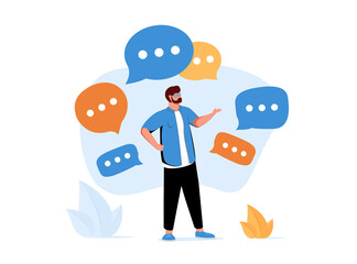 Person surrounded by speech bubbles. Concept of verbal communication skills, abilities, business speaker, communicating - obrazy, fototapety, plakaty