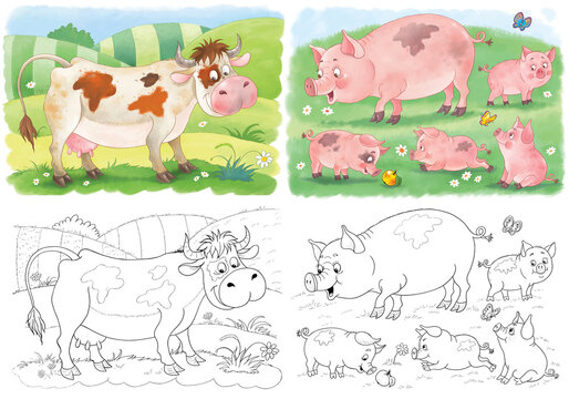 At the farm. Set of cute farm animals. Coloring book. Coloring page. Illustration for children. Cute and funny cartoon characters