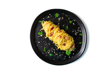 Traditional Italian dish, spaghetti carbonara, homemade, no people, top view,