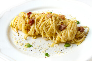 Traditional Italian dish, spaghetti carbonara, homemade, no people, top view,