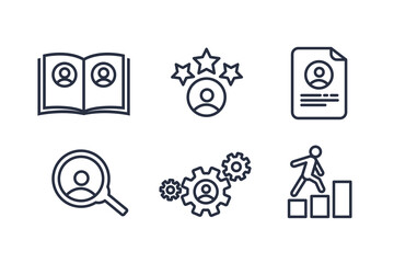 Vector Set of Linear Icons Related to Recruitment, Career Progress and Personal Development. Mono Line Pictograms.