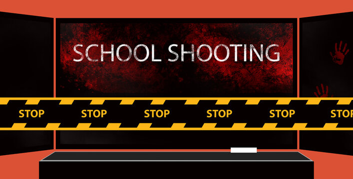 background on the topic of school shooting. Crime scene, murder. Problem of bullying at school, abuse, teenage anger, socialization. Protective yellow police tape with Stop sign. 