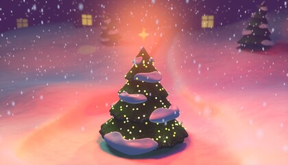 3D illustration of a Christmas Tree against the background of a snowy landscape and snowfall