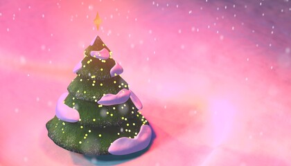 3D illustration of a Christmas Tree against the background of a snowy landscape and snowfall