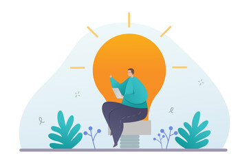 Obraz na płótnie Canvas Concept of content creation. Man sits with laptop in his hands against background of light bulb. Idea metaphor, creative collaborator. SMM, freelancer, employee. Cartoon flat vector illustration
