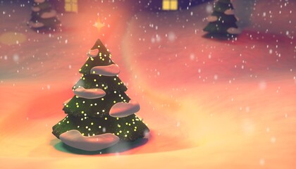 3D illustration of a Christmas Tree against the background of a snowy landscape and snowfall