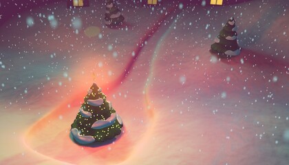 3D illustration of a Christmas Tree against the background of a snowy landscape and snowfall