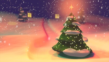 3D illustration of a Christmas Tree against the background of a snowy landscape and snowfall