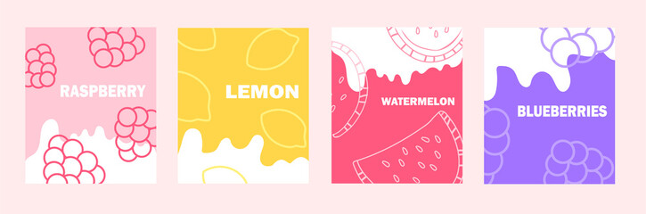 Set of fruits poster. Collection of bright banners. Summer, tropics, tasty and healthy food, berries. Graphic elements for websites. Cartoon flat vector illustrations isolated on pink background