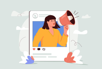 internet advertisement. Hands holding smartphone with a man shouting in loud speaker. Influencer marketing, social media