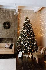 Stylish interior of living room with decorated Christmas tree