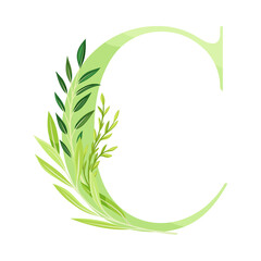 Alphabet Letter C Decorated with Green Foliage and Leaf Vector Illustration