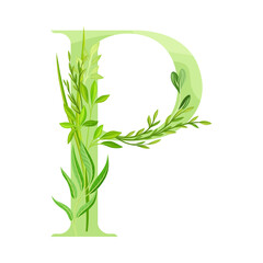 Capital Alphabet Letter P Decorated with Green Foliage and Leaf Vector Illustration