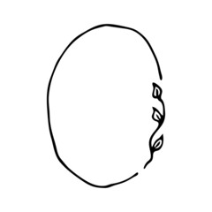 Vertical oval doodle frame with varied simple small plants and leaves isolated on white background. Hand drawn illustration