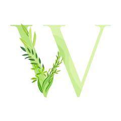 Capital Alphabet Letter W Decorated with Green Foliage and Leaf Vector Illustration