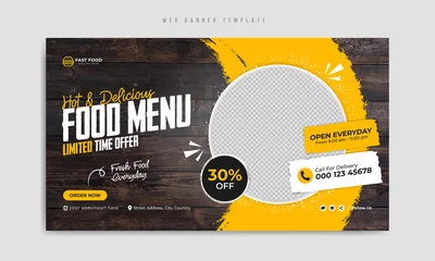 Fotobehang Fast food restaurant menu social media marketing web banner template design. Pizza, burger & healthy food business online promotion flyer with abstract background, logo & icon. Sale cover.        © Impixdesign