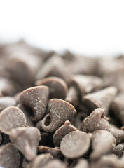 Close up of mini chocolate chips for baking cookies or snacks.