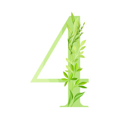 Number or Numeral Four Decorated with Green Foliage and Leaf Vector Illustration