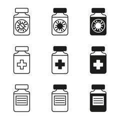 Set of glass medical ampoules with vaccine. Vials with medicine on white background. Vaccine for monkey pox. Vector illustration for vaccination, treatment, medical research.